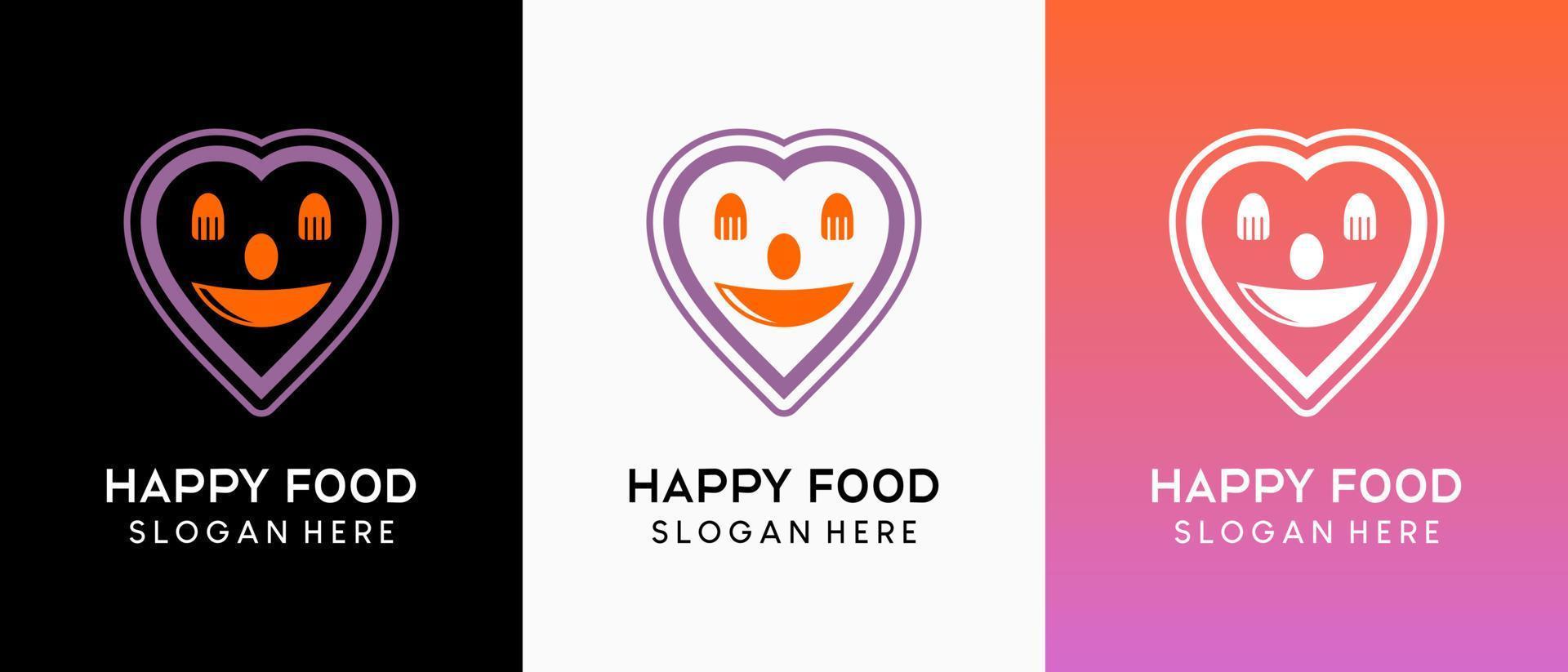 création de logo de nourriture heureuse, cuillère, fourchette et icône de bol dans un visage souriant en forme de coeur vecteur