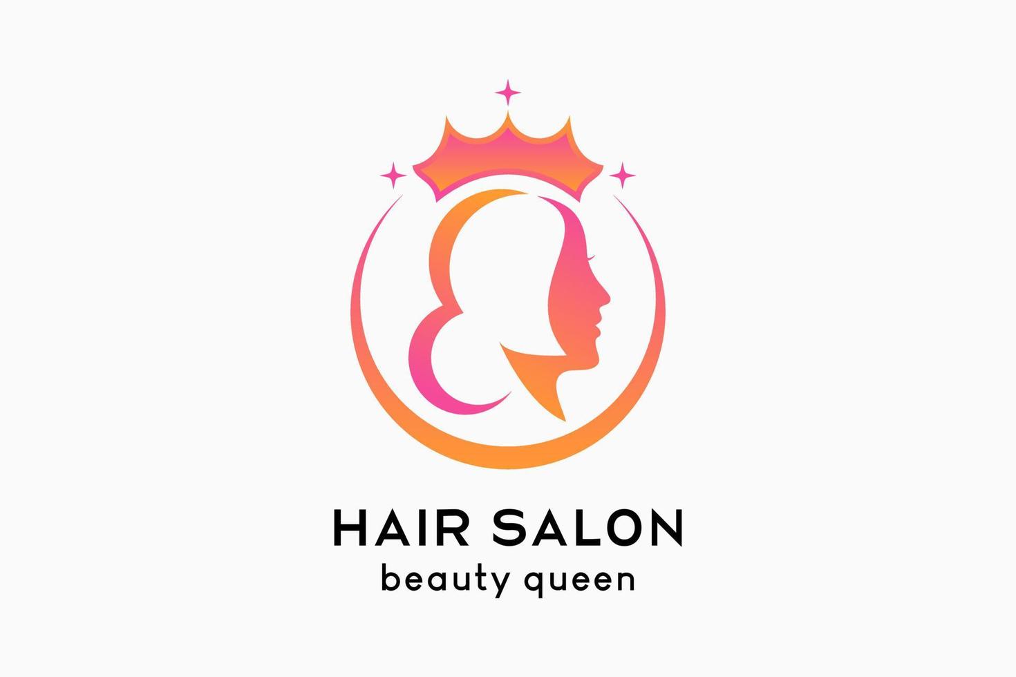 conception de logo de salon de coiffure ou de soins capillaires, visage de femme combiné avec une icône de couronne dans un cercle vecteur