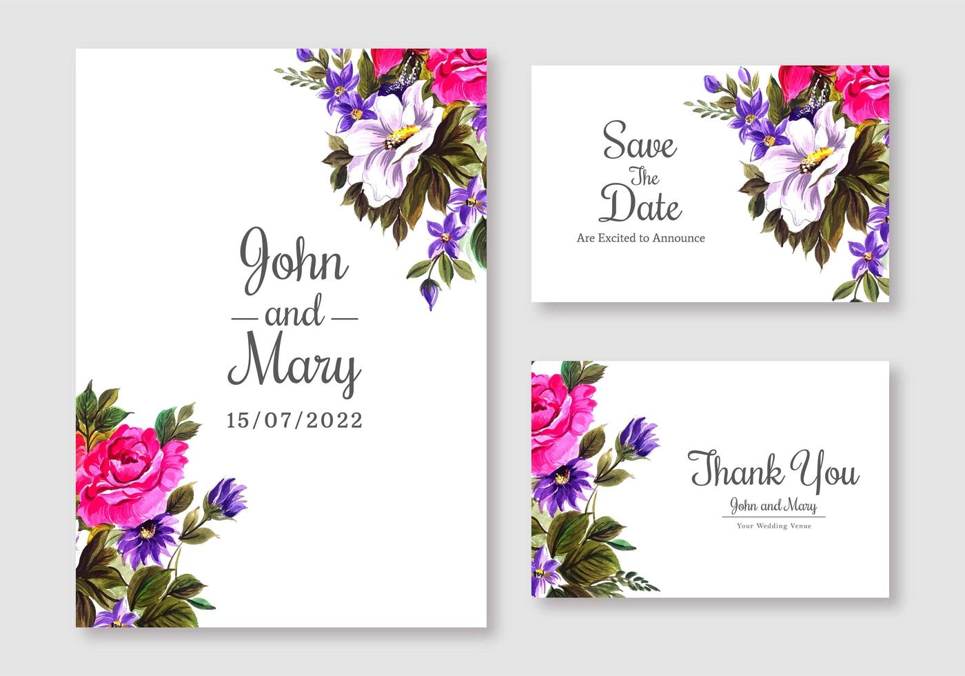 ensemble de cartes d'invitation de mariage floral rose et violet vecteur