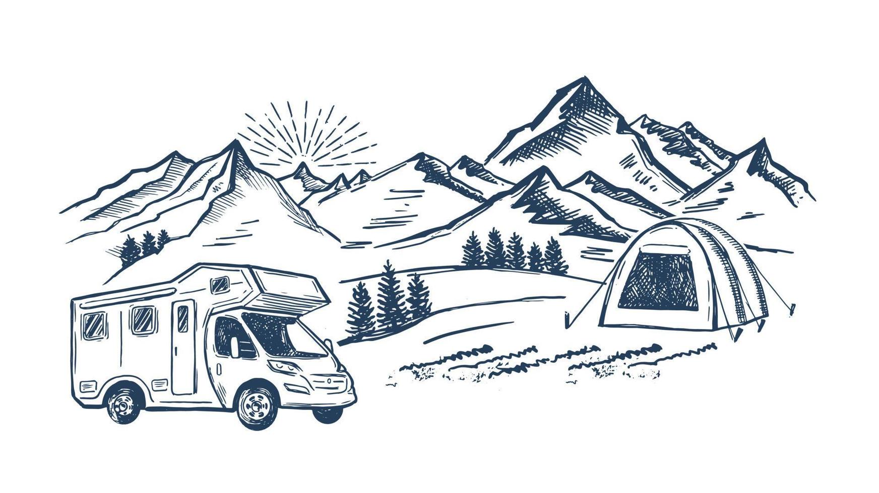 camping dans la nature, camping-car, paysage de montagne, style dessiné à la main, illustrations vectorielles. vecteur