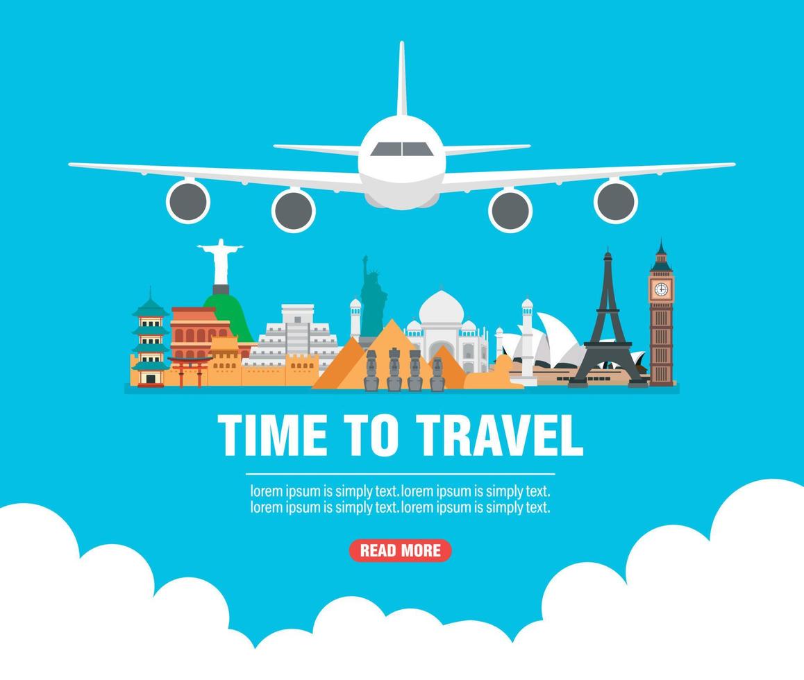 le temps de voyager. bannière plate de conception de concept autour du monde avec avion vecteur