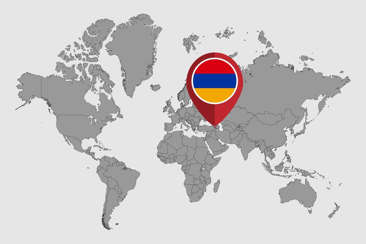 épinglez la carte avec le drapeau de l'arménie sur la carte du monde. illustration vectorielle. vecteur