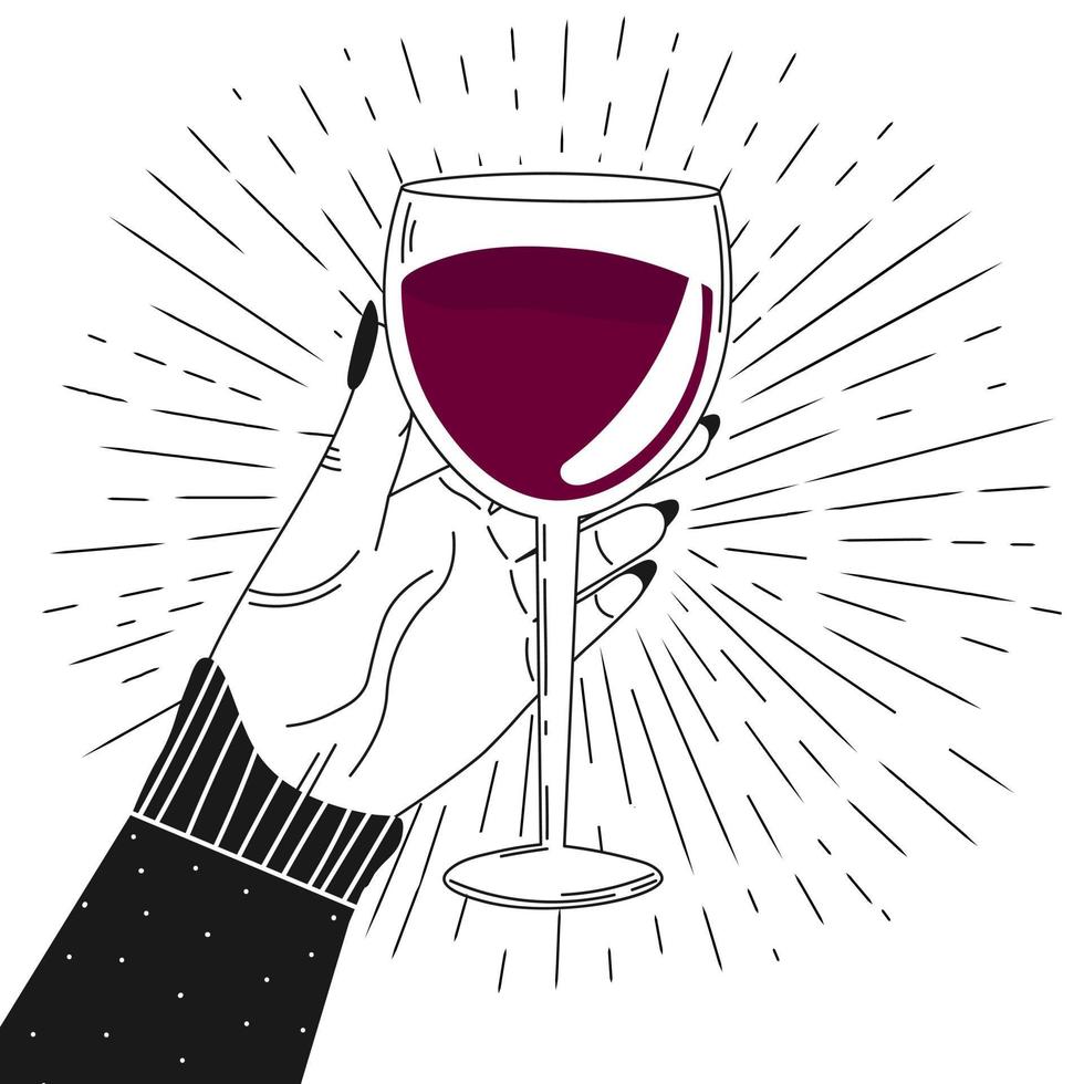main de femme tenant un verre de vin, concept de célébration de vacances, bannière imprimable, symbole de vin en noir vecteur