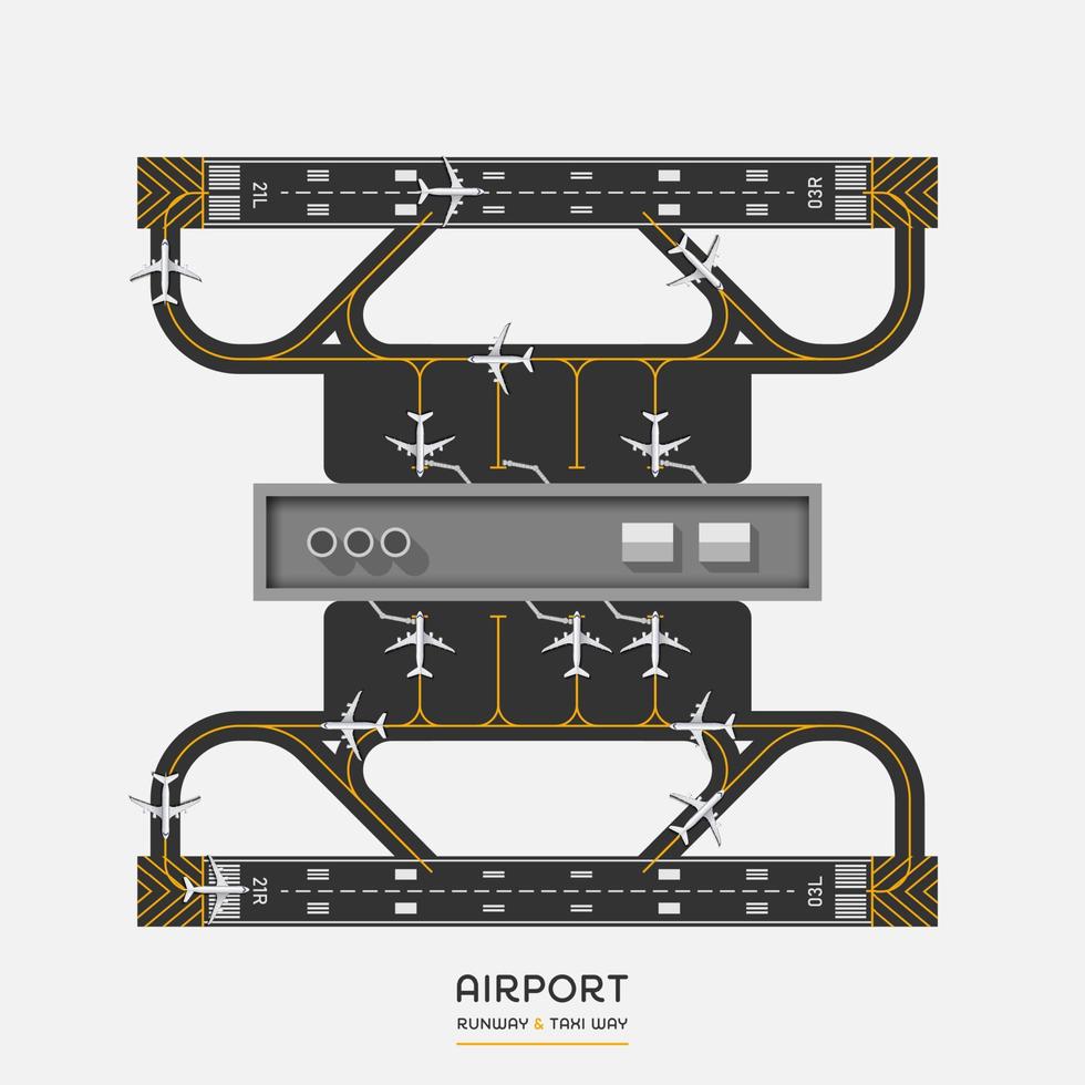 vue de dessus de la piste de l & # 39; aéroport et de la voie de taxi avec avion, illustration vectorielle vecteur
