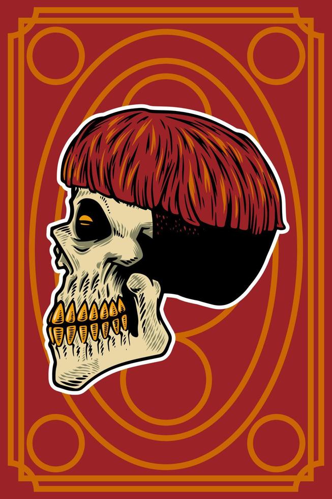 tête de crâne dessinée à la main avec illustration de carte de cheveux cool vecteur