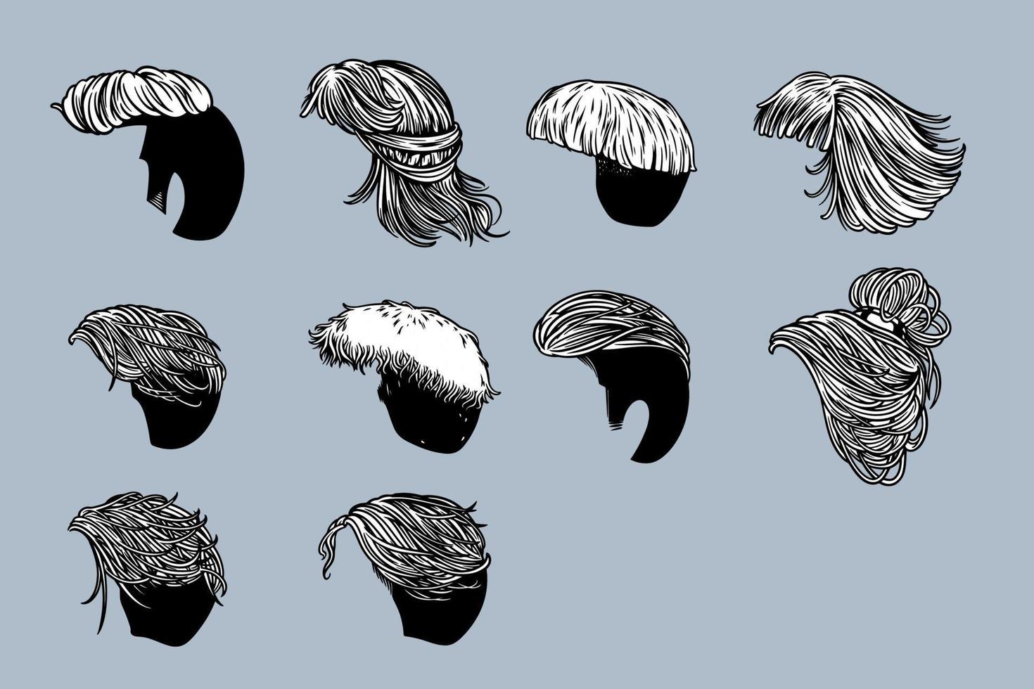 illustration vectorielle de cheveux divers dessinés à la main style monochrome vecteur