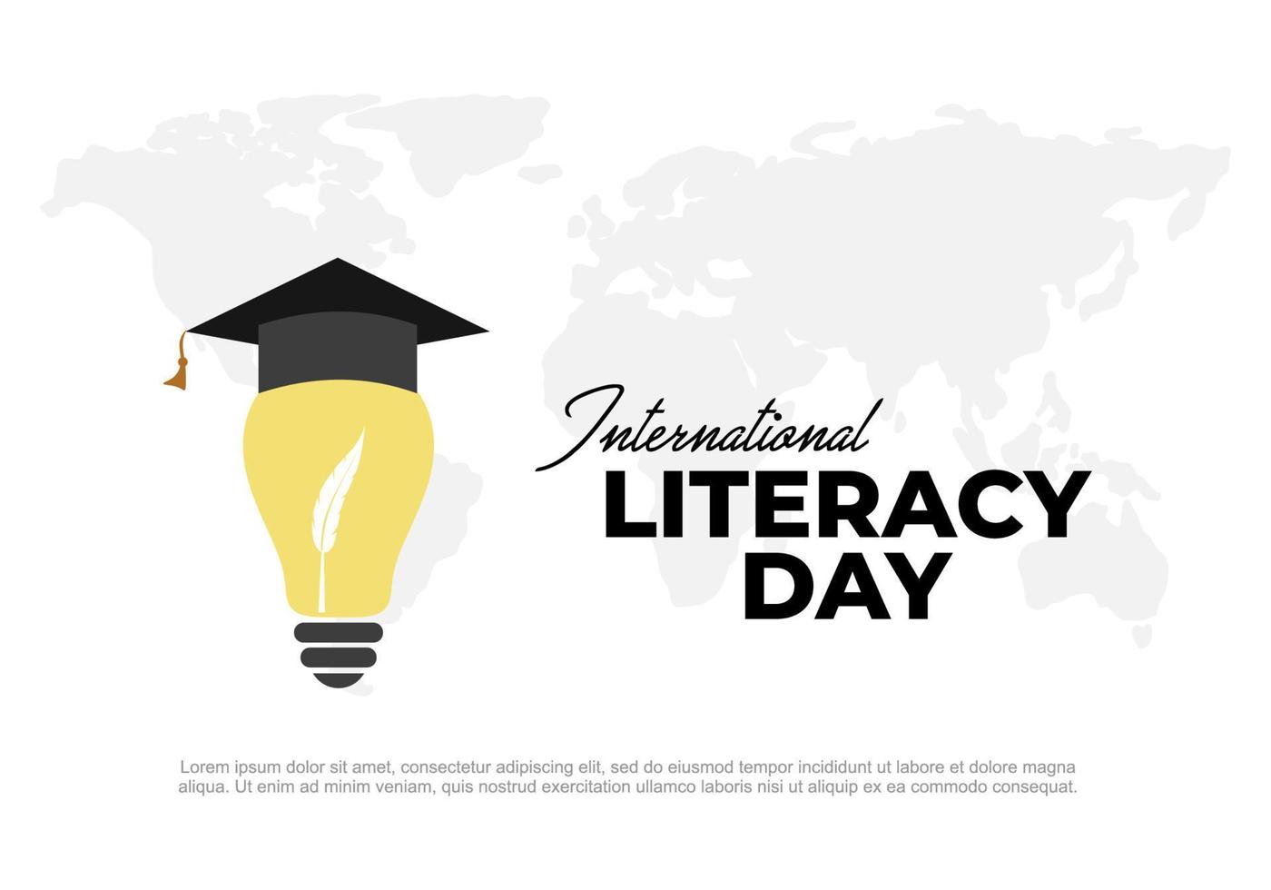 affiche de la journée internationale de l'alphabétisation avec grande lampe, chapeau et carte du monde vecteur