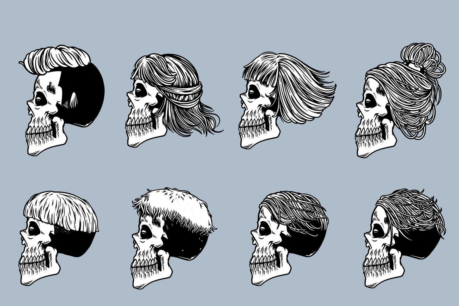 tête de mort avec divers cheveux illustration set style monochrome vecteur