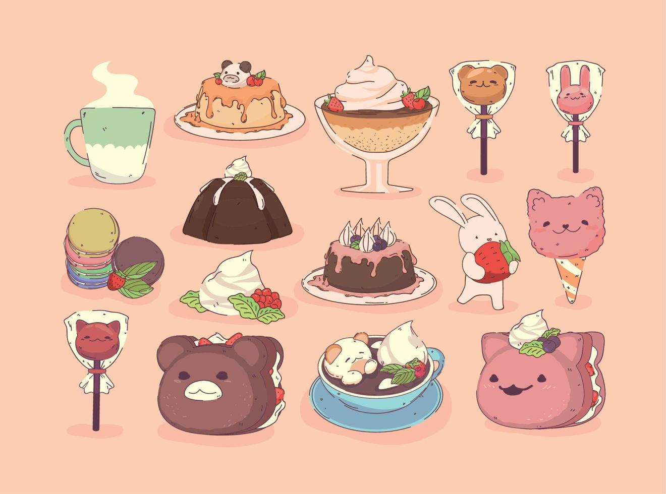 Set de desserts kawaii vecteur