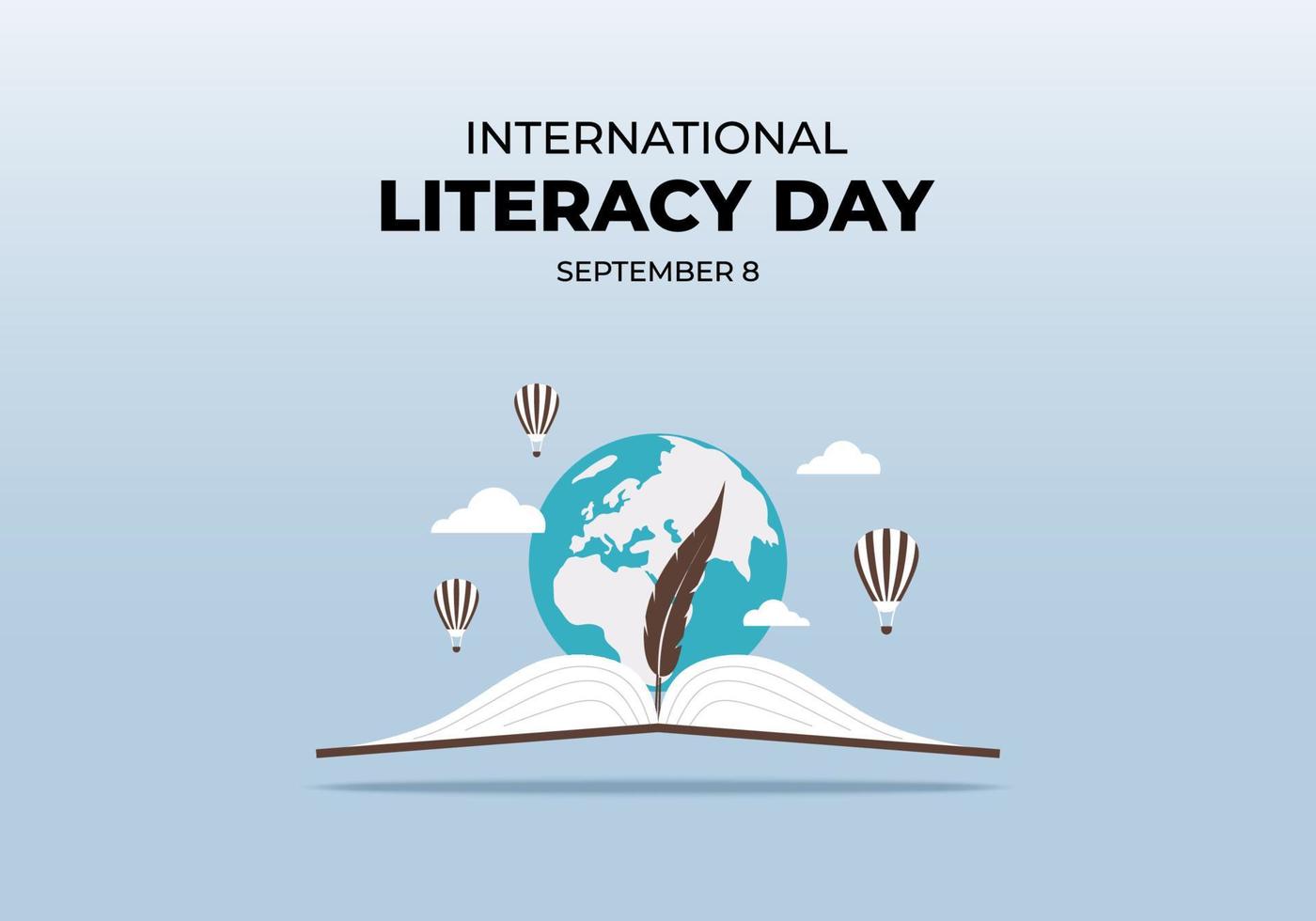 journée internationale de l'alphabétisation avec plume, livre ouvert, ballon, monde. vecteur