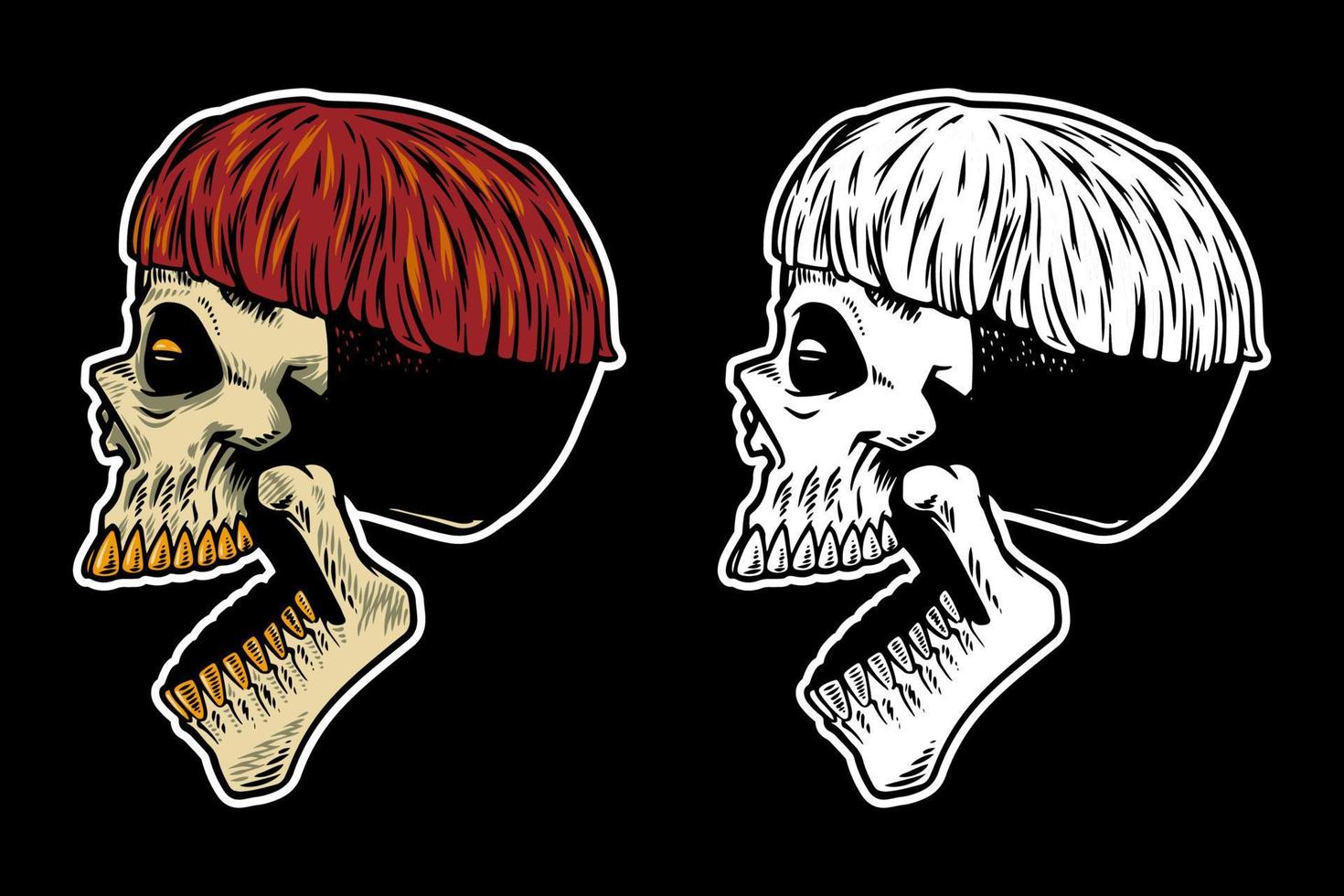 tête de crâne dessinée à la main avec des cheveux frais et une illustration vectorielle de bouche ouverte vecteur