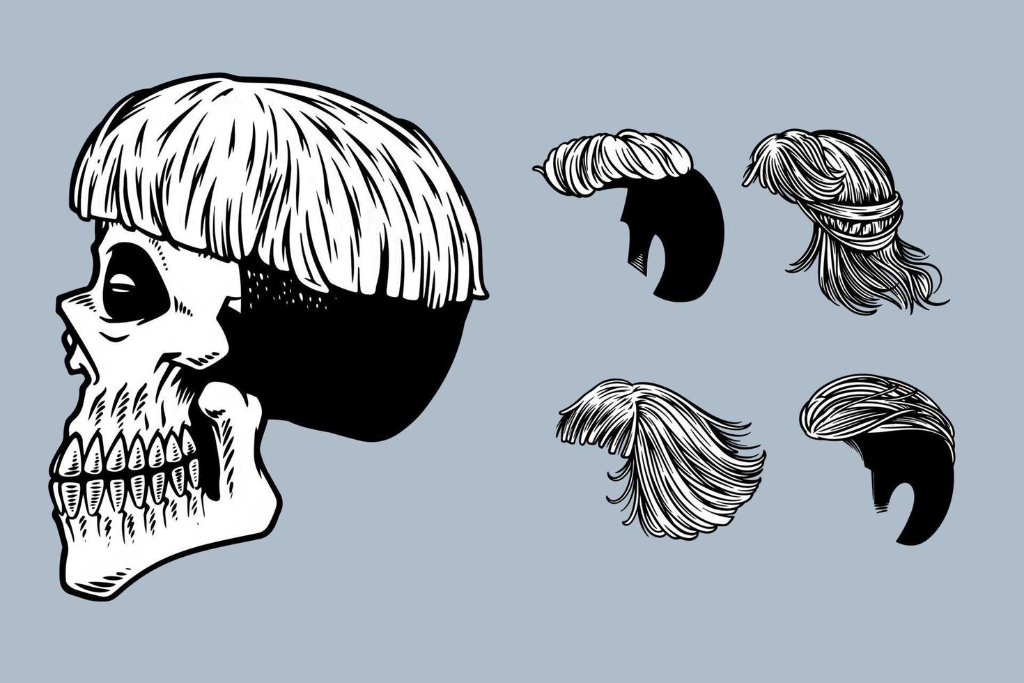 crâne dessiné à la main avec divers cheveux vector illustration set style monochrome