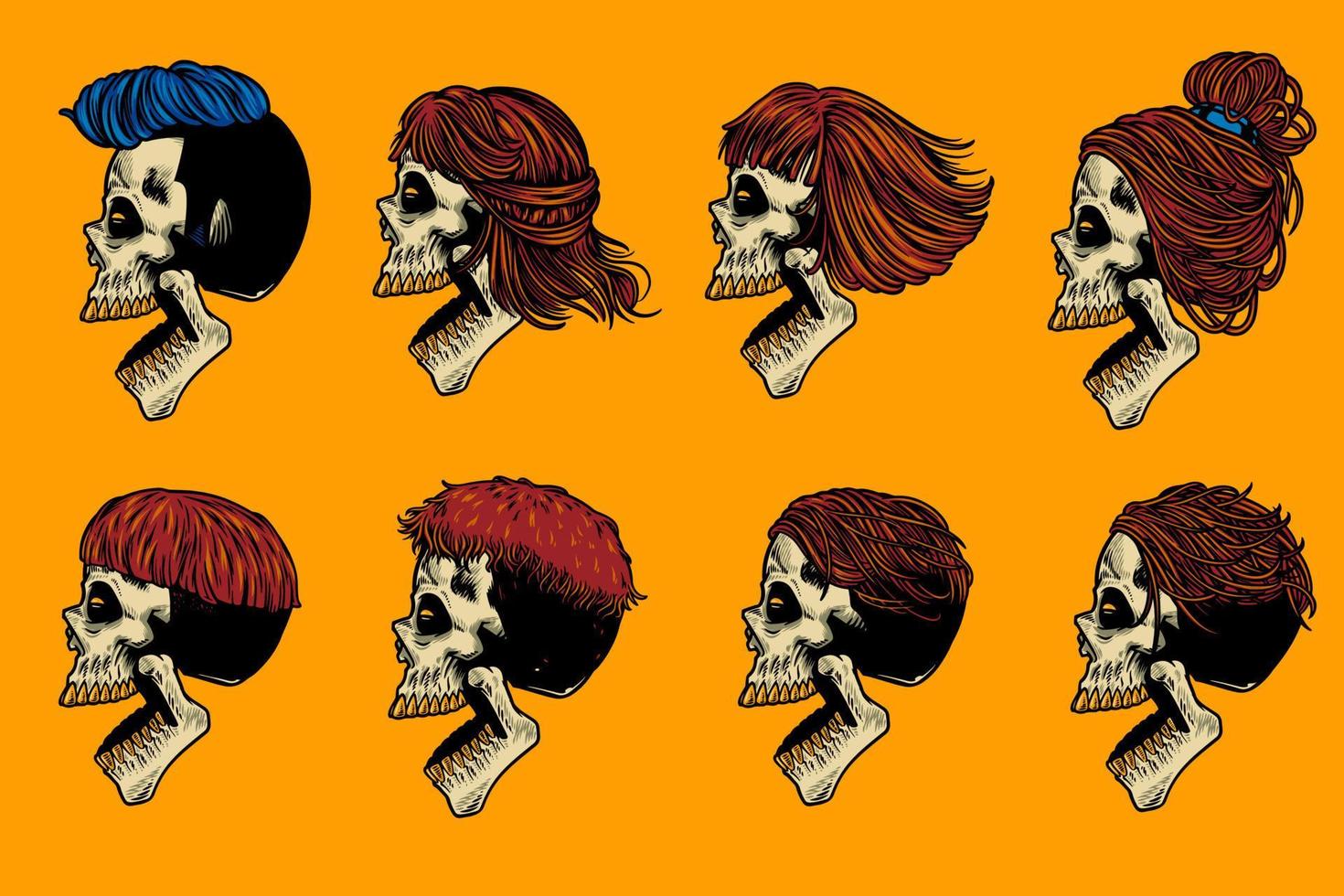 tête de crâne avec divers cheveux et bouche ouverte ensemble d'illustrations dessinées à la main vecteur