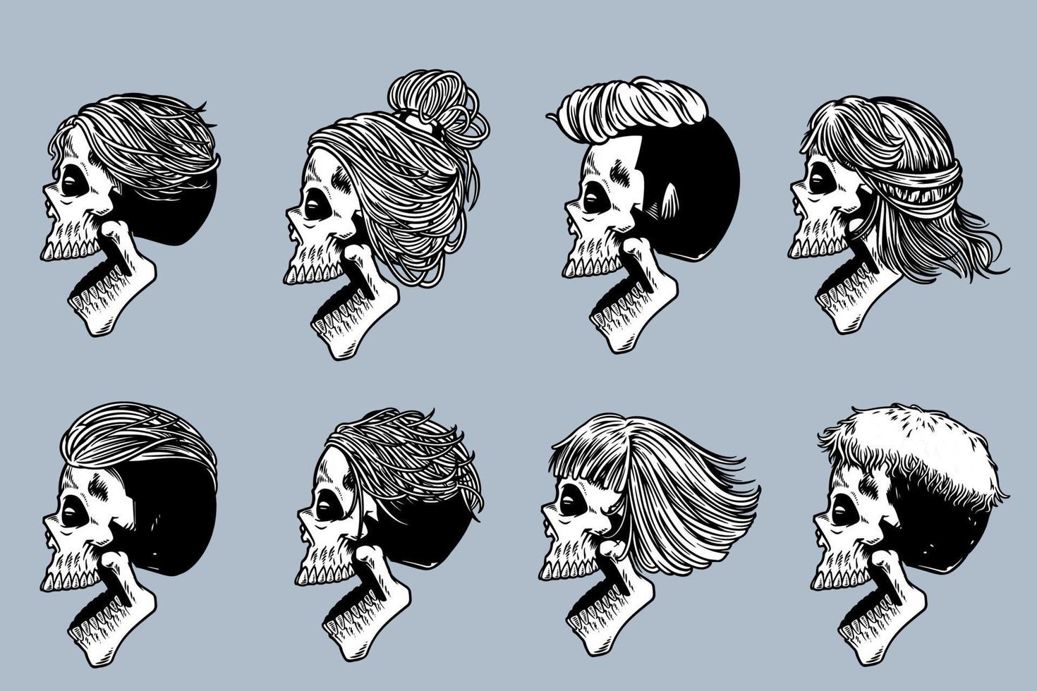 tête de crâne avec divers cheveux et illustration de la bouche ouverte définie style monochrome vecteur
