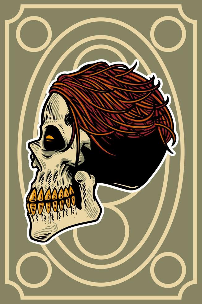 tête de crâne dessinée à la main avec illustration de carte de cheveux cool vecteur