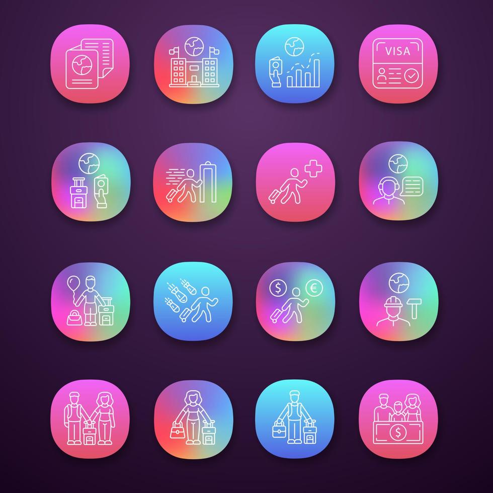ensemble d'icônes d'application d'immigration. voyager à l'étranger. vérification de sécurité. planification de voyage, organisation de vacances. matériel de voyage. interface utilisateur uiux. web, applications mobiles. illustrations vectorielles isolées vecteur