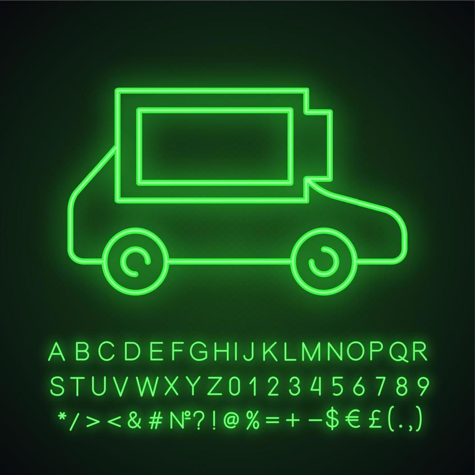 icône de néon de batterie de voiture électrique complètement chargée. charge automatique terminée. Indicateur de niveau de batterie automobile respectueux de l'environnement. signe lumineux avec alphabet, chiffres et symboles vecteur