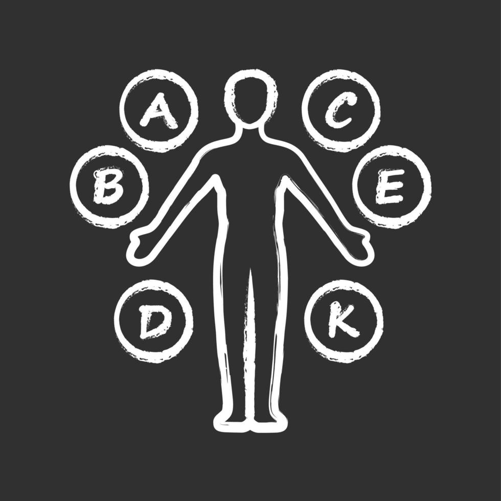 icône de craie de vitamines corporelles. a, b, c, d, e, k multivitamines. minéraux vitaux et antioxydants. la santé et la médecine. illustration de tableau vectoriel isolé