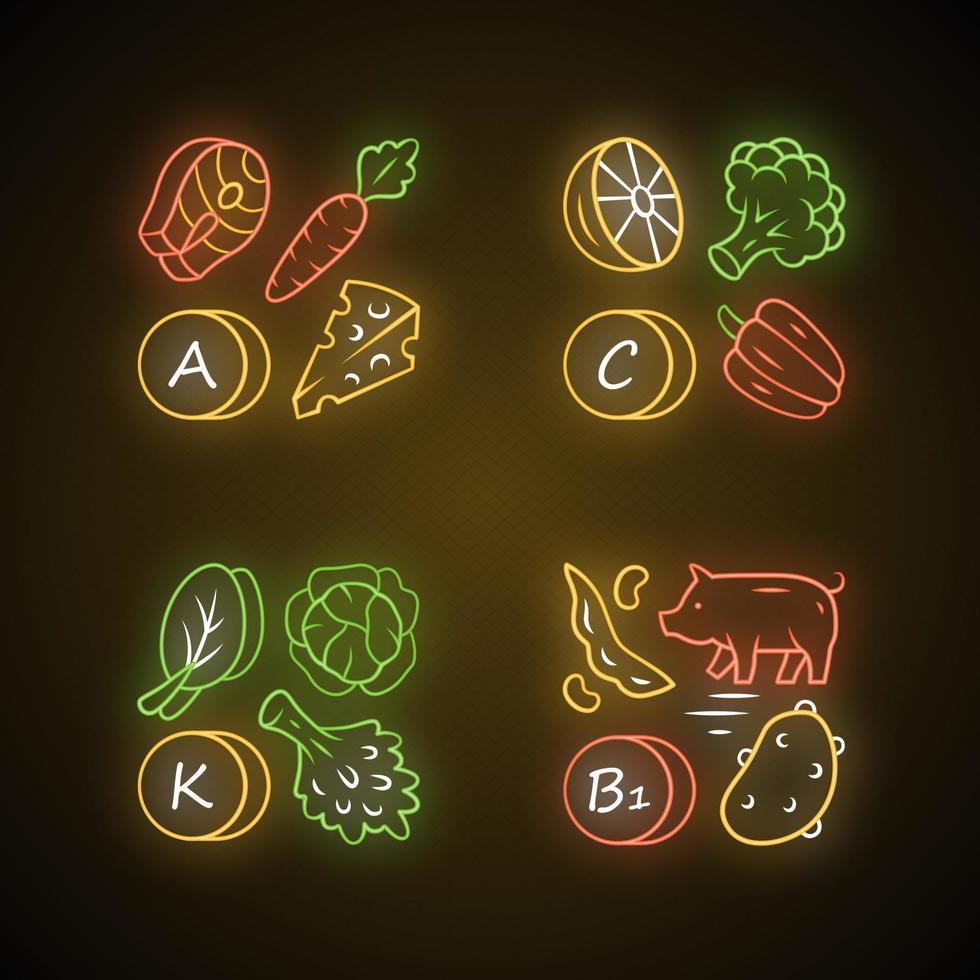 ensemble d'icônes de lumière néon de vitamines. a, c, b1, k vitamines source alimentaire naturelle. légumes, légumes verts comestibles, produits laitiers. nutrition adéquat. minéral, antioxydant. signes lumineux. illustrations vectorielles isolées vecteur