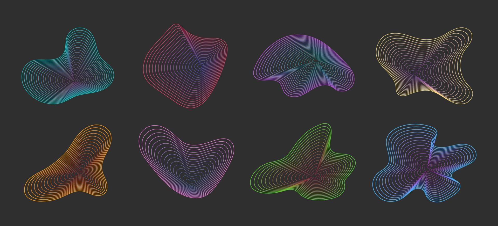 ensemble de 8 éléments de formes fluides, fluides et organiques graphiques abstraits. ondes et lignes dynamiques de gradient vectoriel amorphe. futurisme rétro et memphis vaporwave géométrique, cyberpunk rétro des années 80 et 90