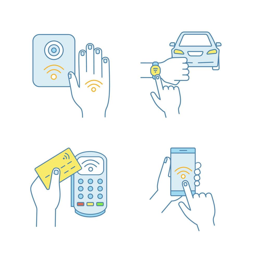 jeu d'icônes de couleur de technologie nfc. smartphone en champ proche, voiture et bracelet, terminal de paiement, lecteur. illustrations vectorielles isolées vecteur