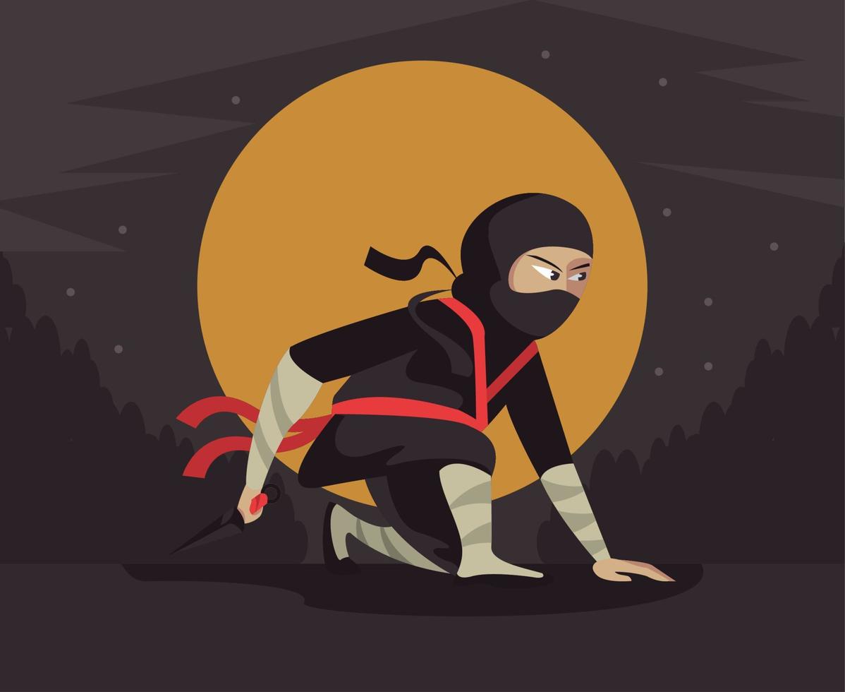 guerrier ninja avec la lune vecteur