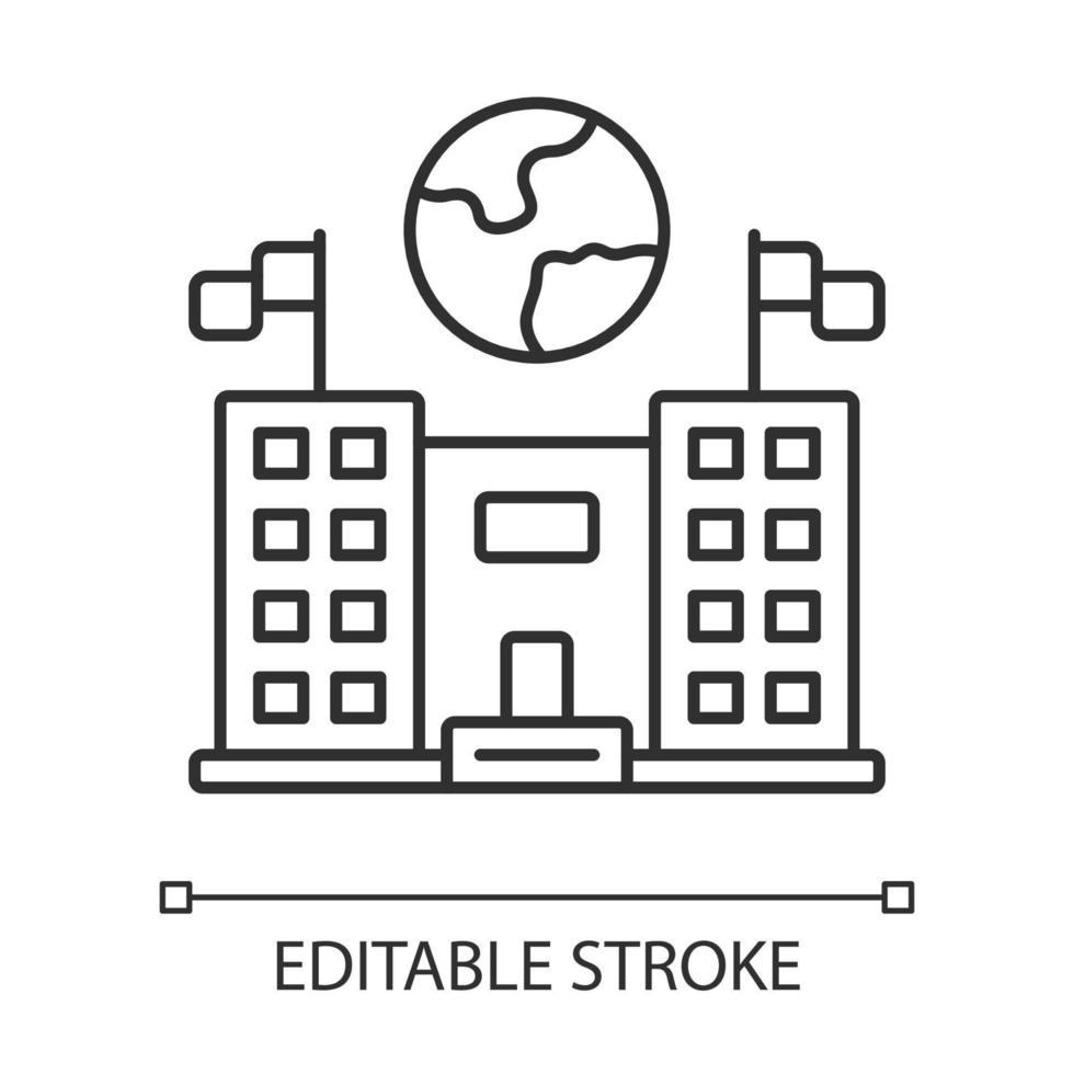 icône linéaire du centre d'immigration. bâtiment de l'ambassade et du consulat. structuration administrative. Service de voyage. illustration de la ligne mince. symbole de contour. dessin de contour isolé de vecteur. trait modifiable vecteur