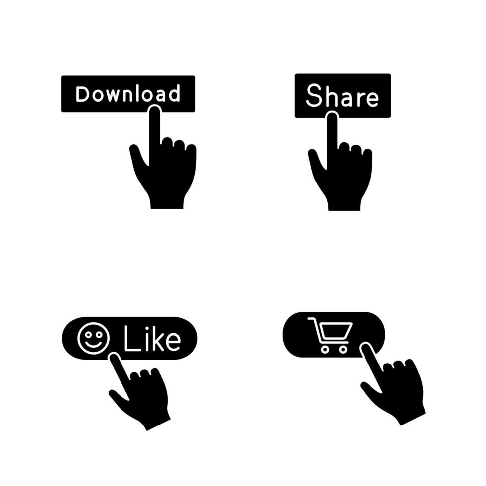 ensemble d'icônes de glyphe de boutons d'application. Cliquez sur. télécharger, partager, aimer, acheter. symboles de silhouettes. illustration vectorielle isolée vecteur