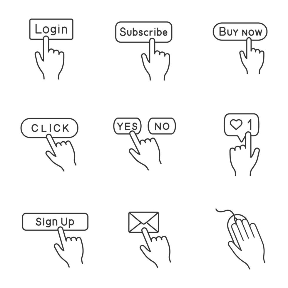 ensemble d'icônes linéaires de boutons d'application. connexion, abonnement, achat, oui ou non, compteur de likes, inscription, message, souris d'ordinateur. symboles de contour de ligne mince. illustrations vectorielles isolées. trait modifiable vecteur