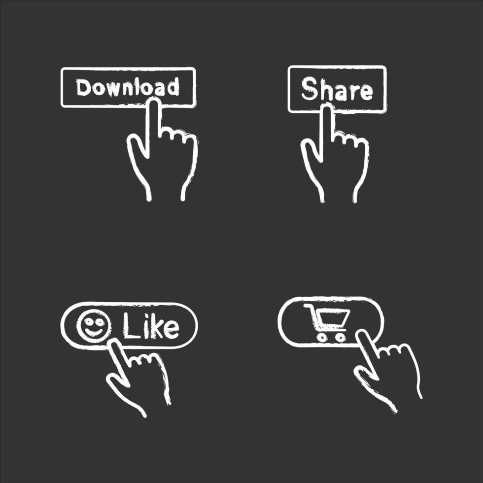 ensemble d'icônes de craie de boutons d'application. Cliquez sur. télécharger, partager, aimer, acheter. illustrations de tableau de vecteur isolé