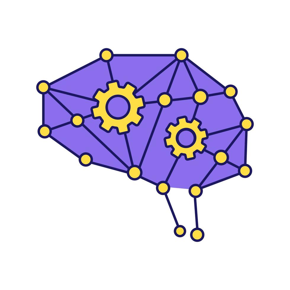 icône de couleur ai d'apprentissage en profondeur. neurotechnologie. réseau de neurones avec roues dentées. cerveau numérique. intelligence artificielle. illustration vectorielle isolée vecteur