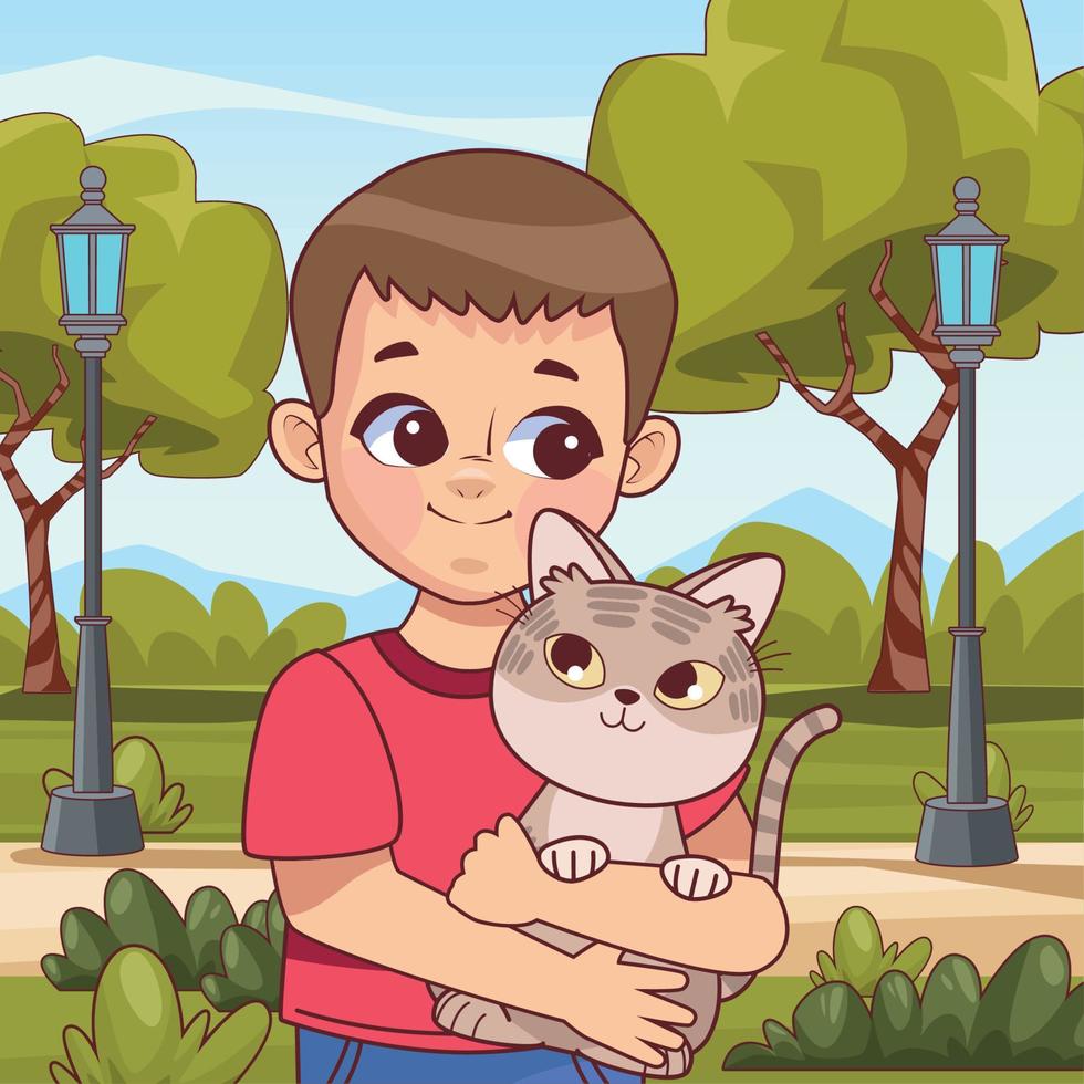 garçon soulevant un chat dans le parc vecteur