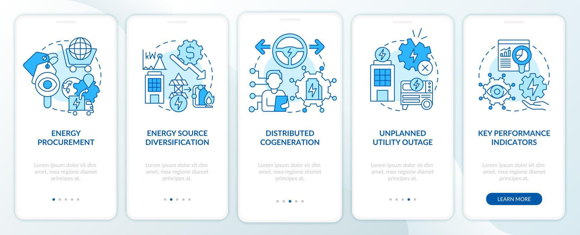 mise en œuvre de l'écran de l'application mobile d'intégration du plan énergétique bleu. cogénération pas à pas 5 étapes pages d'instructions graphiques avec des concepts linéaires. ui, ux, modèle d'interface graphique. vecteur