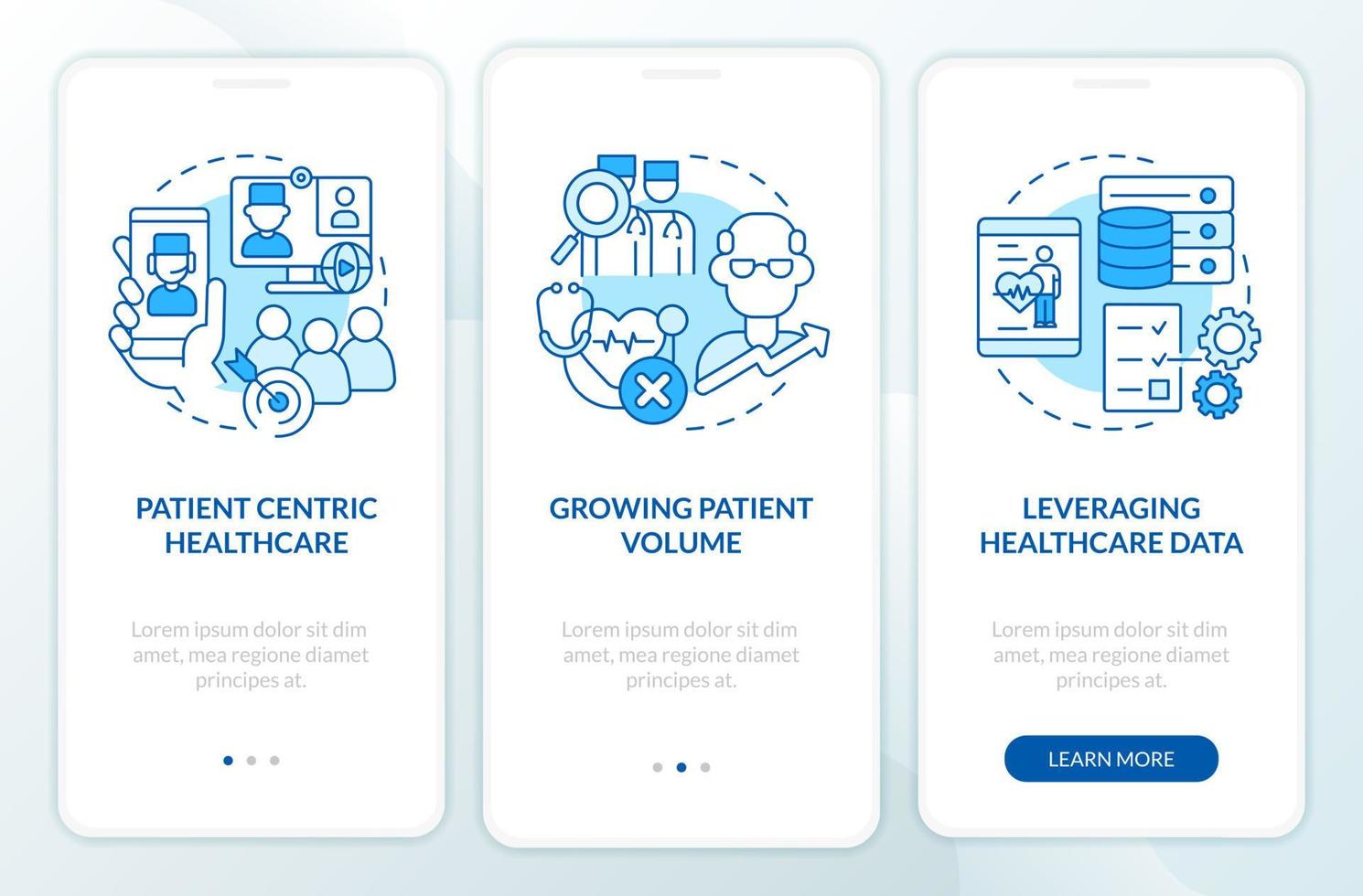 défis pour les travailleurs de la santé écran bleu de l'application mobile d'intégration. pages d'instructions graphiques en 3 étapes avec des concepts linéaires. ui, ux, modèle d'interface graphique. vecteur