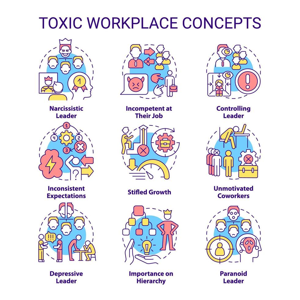 ensemble d'icônes de concept de lieu de travail toxique. chef toxique. idée d'environnement de travail malsain illustrations en couleur de ligne mince. symboles isolés. trait modifiable. vecteur