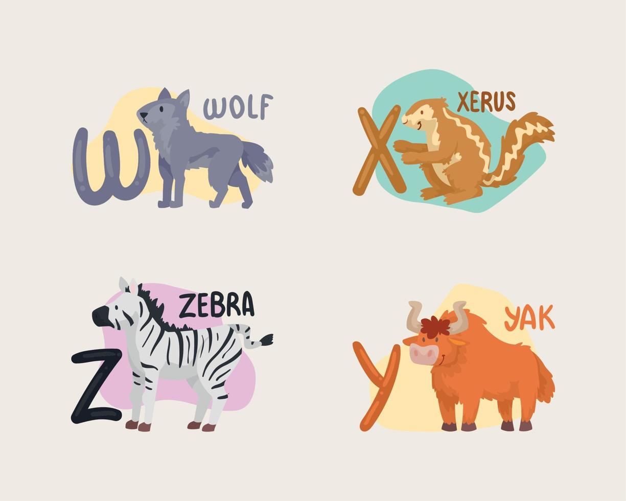 quatre enfants alphabet animaux vecteur