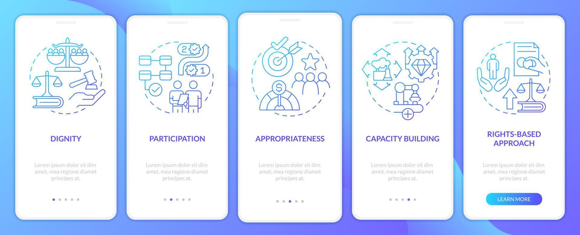 concepts de coopération mondiale écran d'application mobile d'intégration de gradient bleu. pas à pas en 5 étapes pages d'instructions graphiques avec des concepts linéaires. ui, ux, modèle d'interface graphique. vecteur