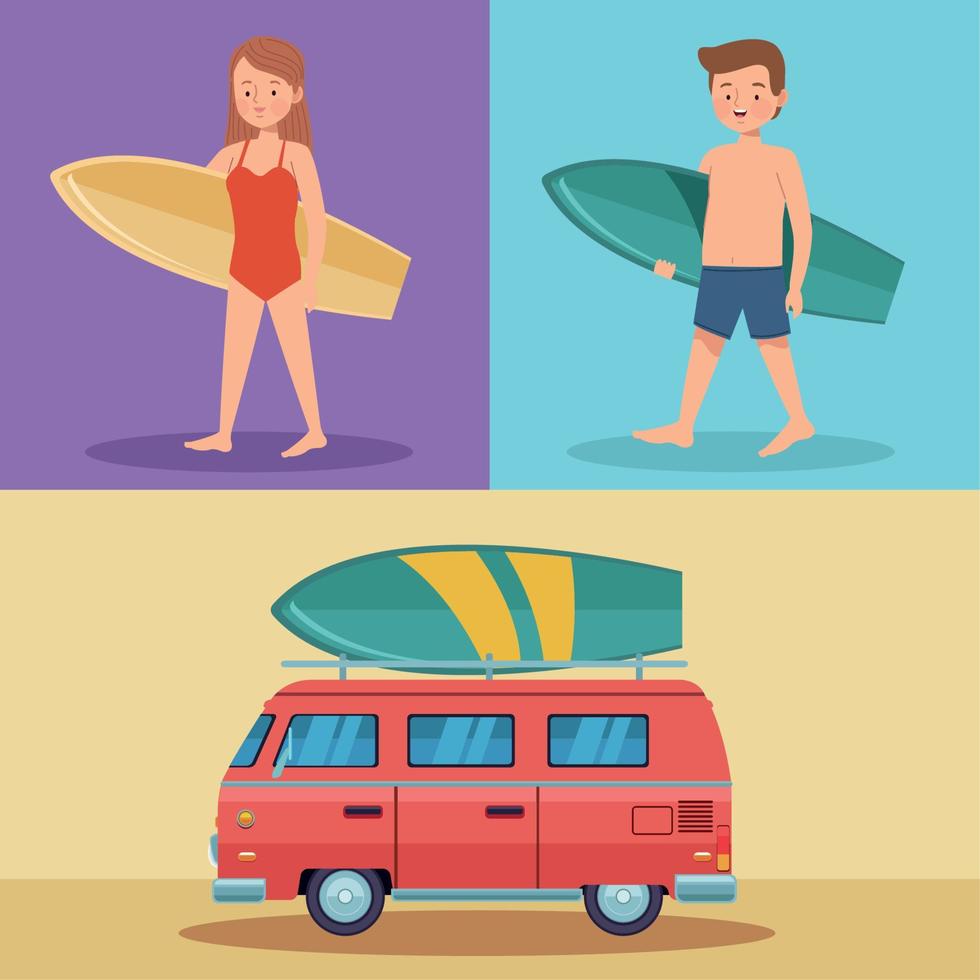 deux personnages de jeunes surfeurs vecteur