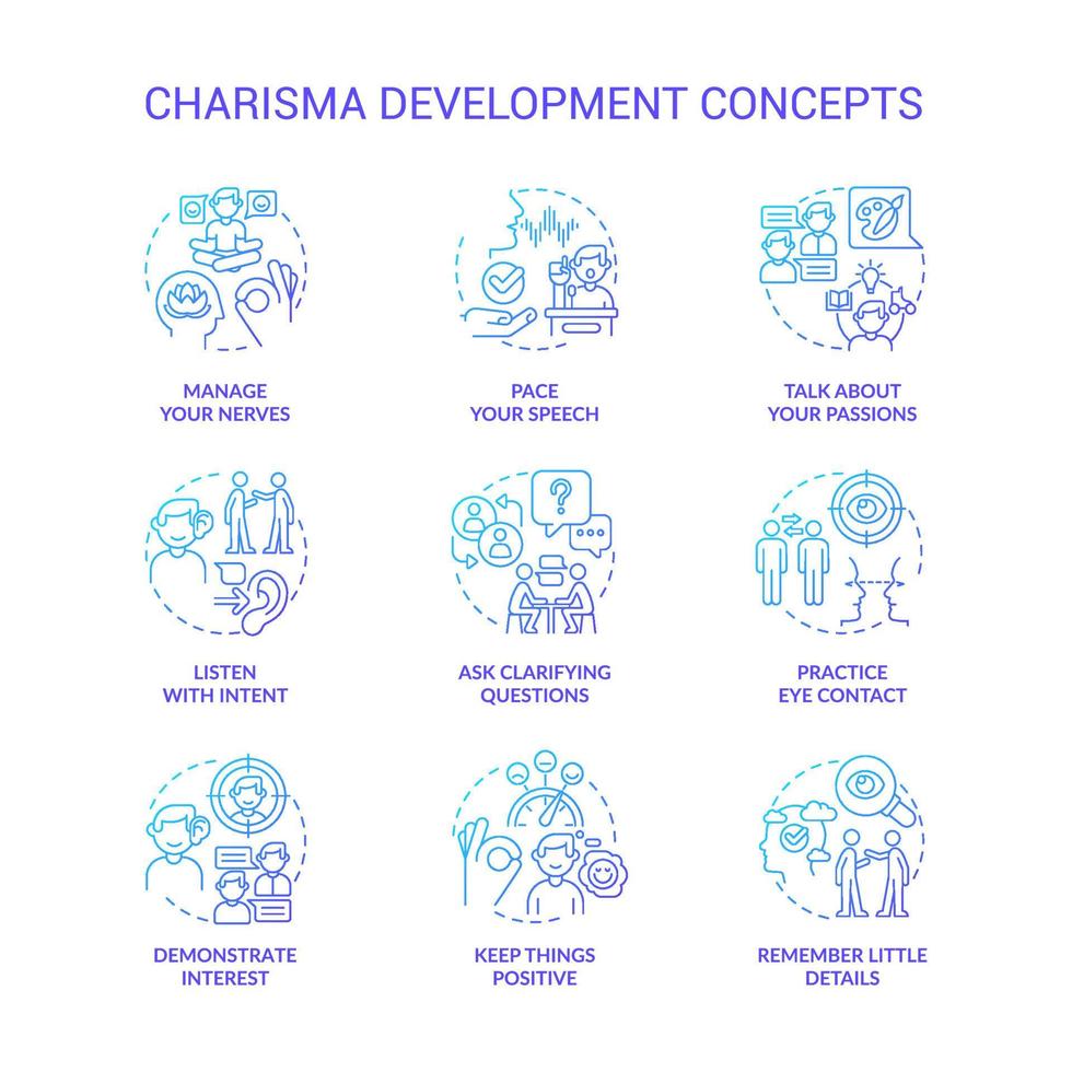 jeu d'icônes de concept de gradient bleu de développement de charisme. tactiques de communication. idée de présentation de soi illustrations en couleur de ligne mince. symboles isolés. vecteur