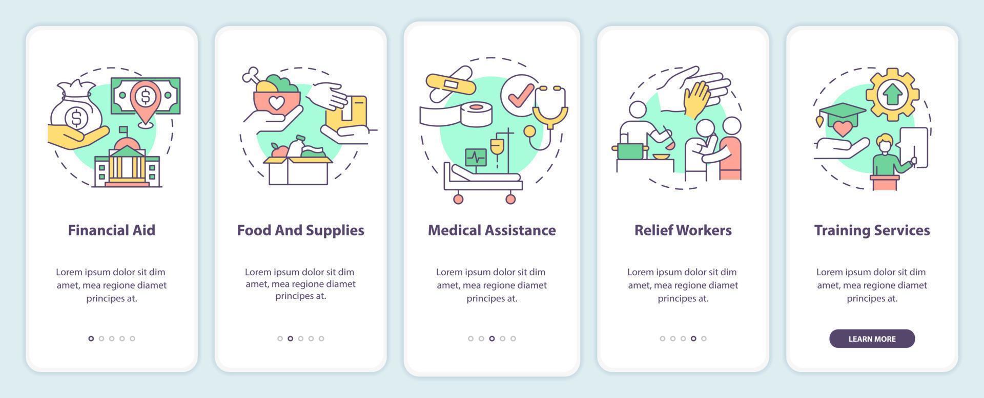 les gouvernements peuvent aider à intégrer l'écran de l'application mobile. Procédure pas à pas pour les aliments et les fournitures Pages d'instructions graphiques en 5 étapes avec des concepts linéaires. ui, ux, modèle d'interface graphique. vecteur