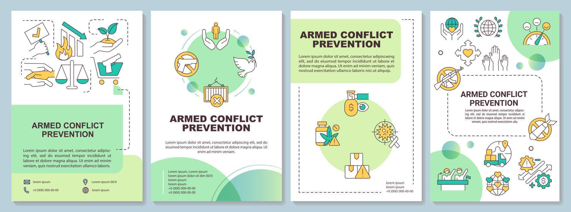 modèle de brochure verte de prévention des conflits militaires. consolidation de la paix. conception de dépliant avec des icônes linéaires. 4 mises en page vectorielles pour la présentation, les rapports annuels. vecteur