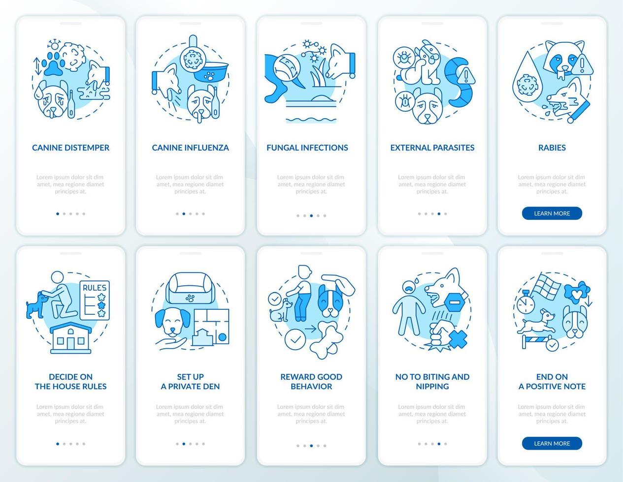 garder le chien en bonne santé et en sécurité ensemble d'écrans d'application mobile d'intégration bleu. pas à pas en 5 étapes pages d'instructions graphiques avec des concepts linéaires. ui, ux, modèle gui vecteur