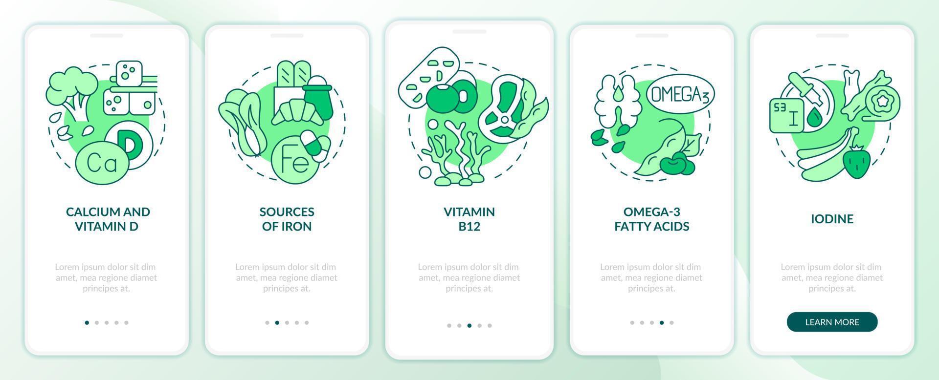 sources de nutriments écran d'application mobile d'intégration verte. Procédure pas à pas pour le véganisme Pages d'instructions graphiques en 5 étapes avec des concepts linéaires. ui, ux, modèle d'interface graphique. vecteur