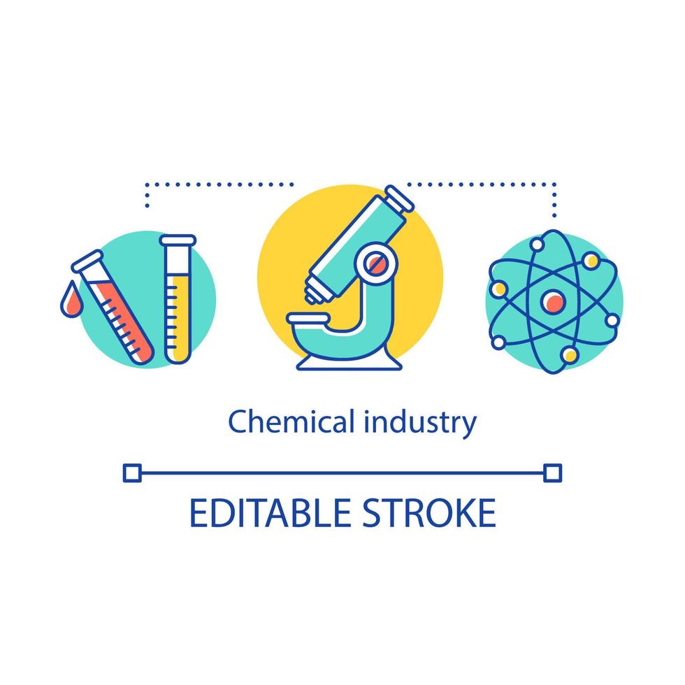 icône de concept de l'industrie chimique. production de produits chimiques industriels. tubes à essai, microscope, molécule. illustration de fine ligne d'idée d'expérience de laboratoire. dessin de contour isolé de vecteur. trait modifiable vecteur