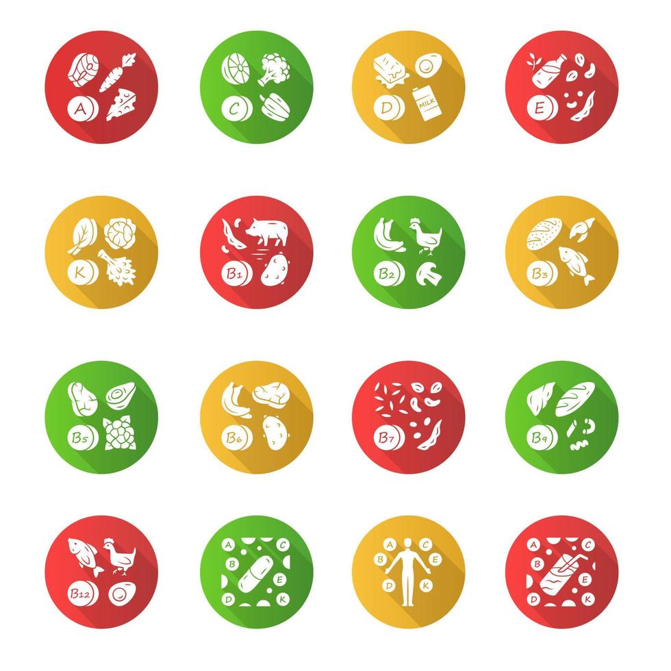 ensemble d'icônes de glyphe d'ombre longue à design plat de vitamines. a, c, d, e, k, b source de nourriture naturelle. pilule de vitamines, complexe, cocktail. fruits et légumes. minéraux, antioxydants. illustration vectorielle silhouette vecteur