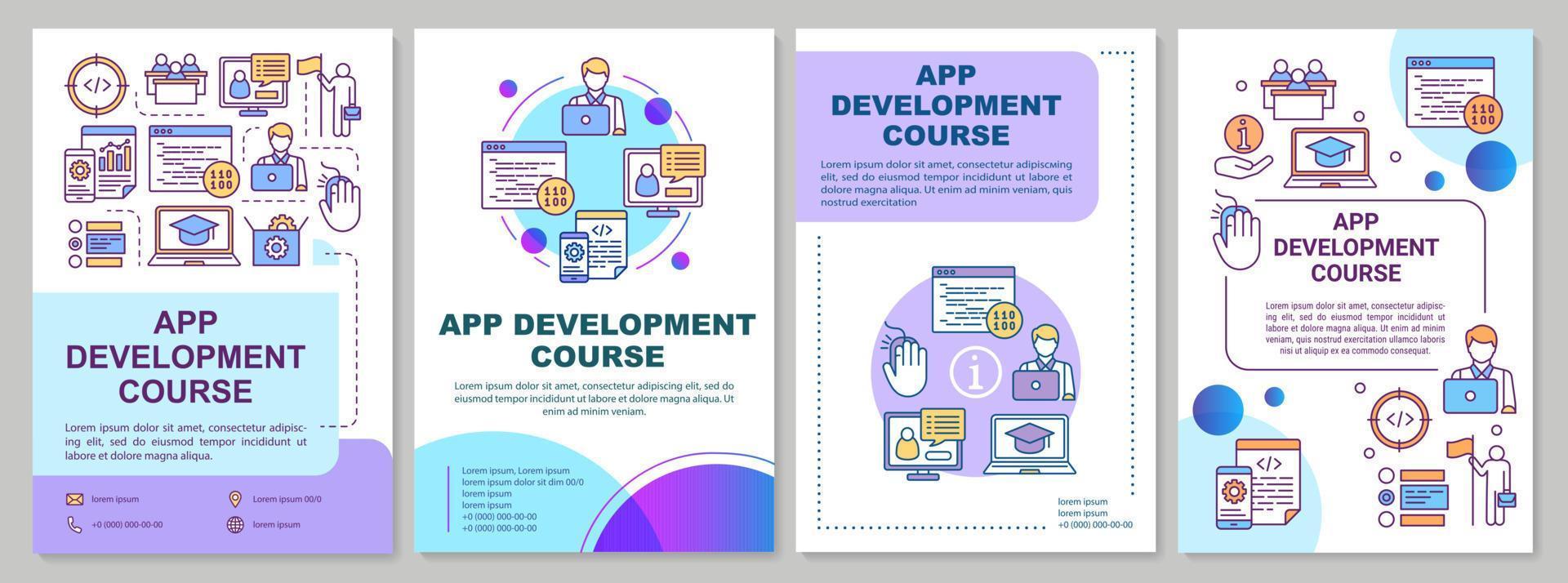 modèle de brochure de cours de développement d'applications. formation à la programmation mobile. dépliant, brochure, dépliant imprimé, conception de la couverture, illustrations linéaires. mises en page vectorielles pour les rapports annuels, affiches publicitaires vecteur