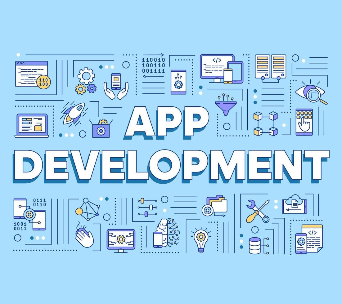 bannière de concepts de mots de développement d'applications. codage de logiciels mobiles. langage de programmation informatique. présentation, site internet. idée de typographie de lettrage isolé avec des icônes linéaires. illustration de contour de vecteur