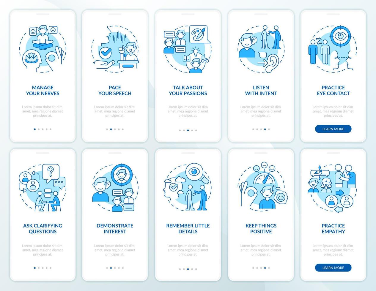 développer un ensemble d'écrans d'application mobile d'intégration charisma blue. pas à pas en 5 étapes pages d'instructions graphiques avec des concepts linéaires. ui, ux, modèle d'interface graphique. vecteur