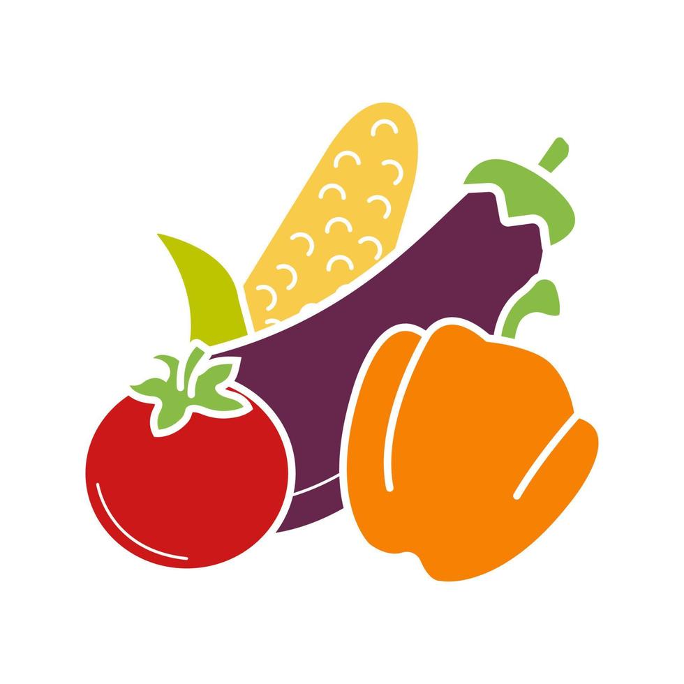 icône de couleur de glyphe de légumes. maïs, tomate, poivron, aubergine. nourriture saine. symbole de la silhouette sur fond blanc sans contour. espace négatif. illustration vectorielle vecteur