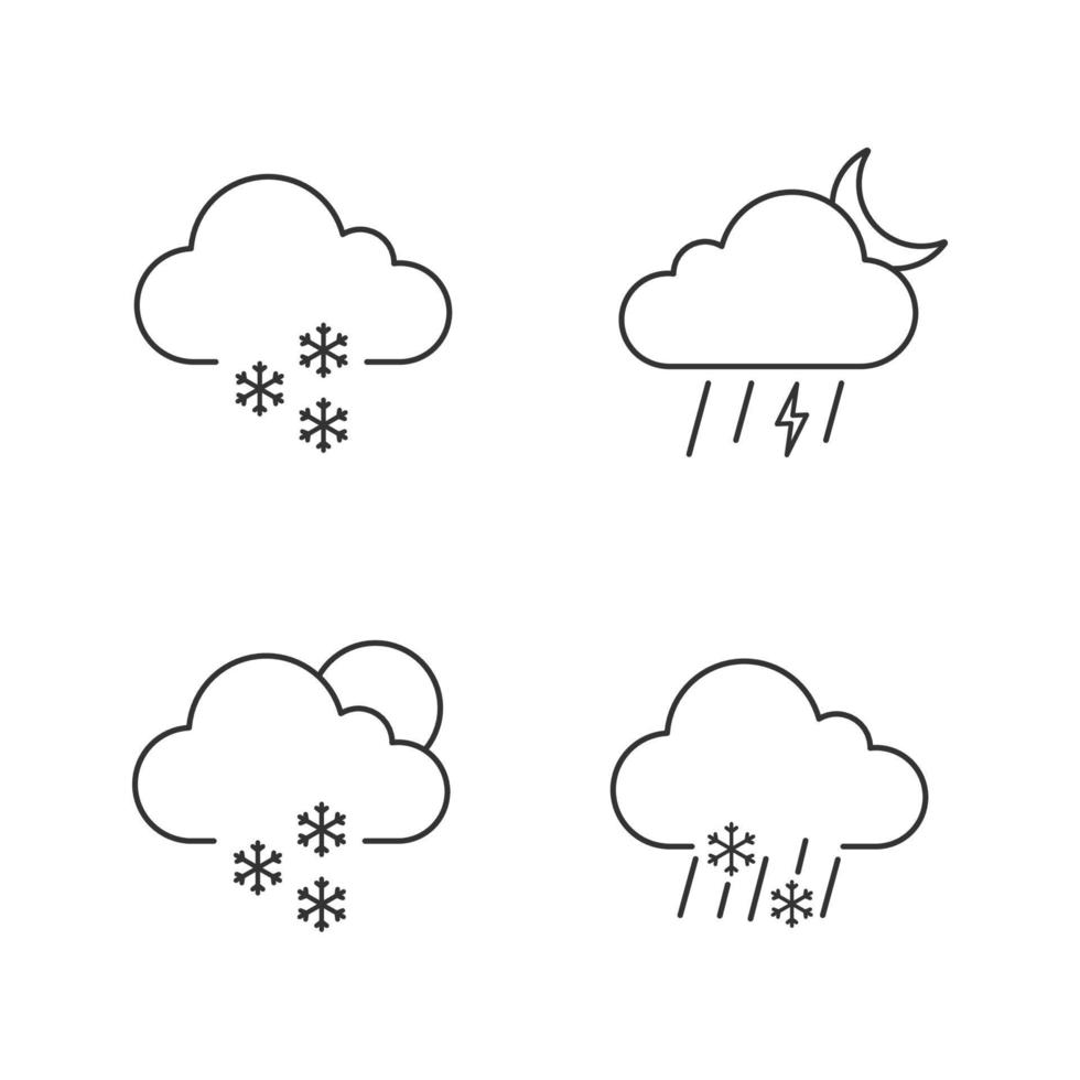 ensemble d'icônes linéaires de prévisions météorologiques. faible neige, orage nocturne, neige éparse, grésil. symboles de contour de ligne mince. illustrations vectorielles isolées. trait modifiable vecteur